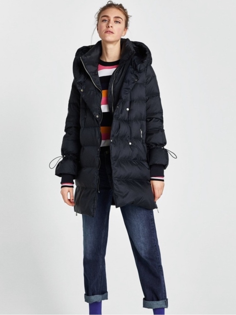 ZARA Black Down Puffer Coat Hooded Winter Jacket Duck Down & Feathers M